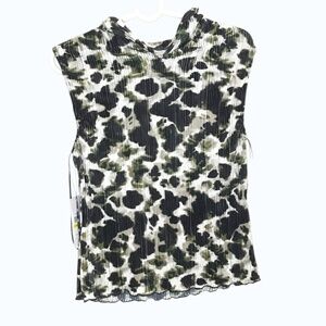 DKNY Pleated Animal Print Sleeveless Blouse Mock Neck Green Black Women M NWT
